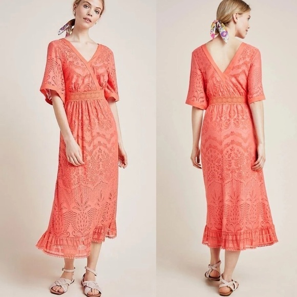 Farm Rio x Anthropologie Devore Coral Orange Lace Maxi Dress Size Small Size XS - Picture 1 of 10